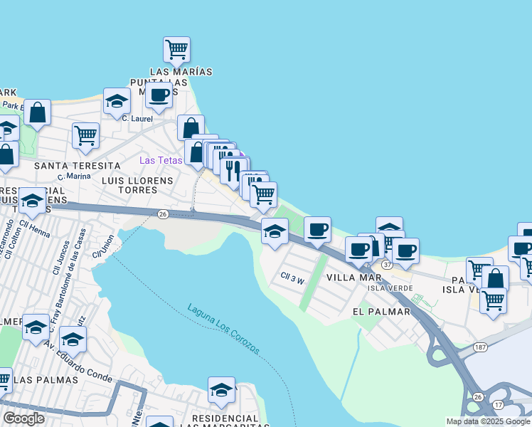 map of restaurants, bars, coffee shops, grocery stores, and more near 3819 Avenida Isla Verde in Carolina