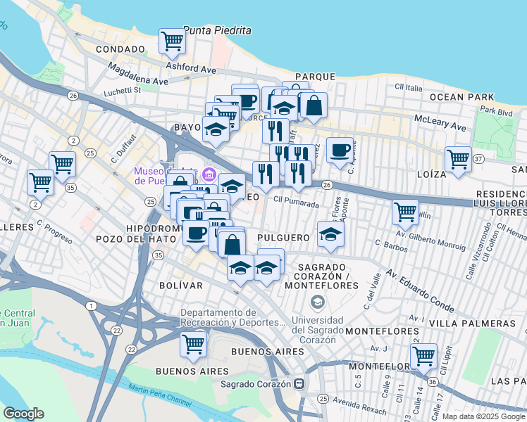 map of restaurants, bars, coffee shops, grocery stores, and more near in San Juan