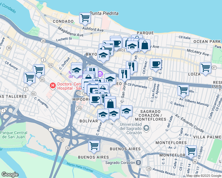 map of restaurants, bars, coffee shops, grocery stores, and more near 221-235 Calle Del Parque in San Juan