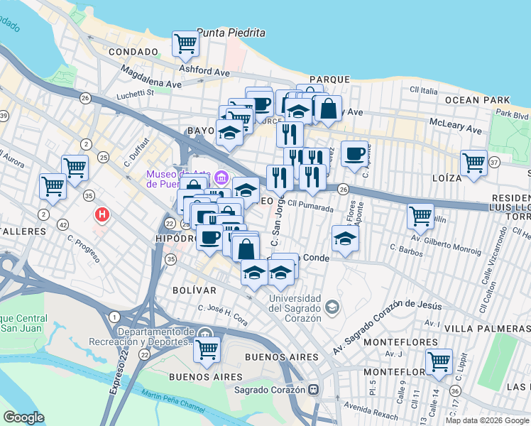 map of restaurants, bars, coffee shops, grocery stores, and more near in San Juan
