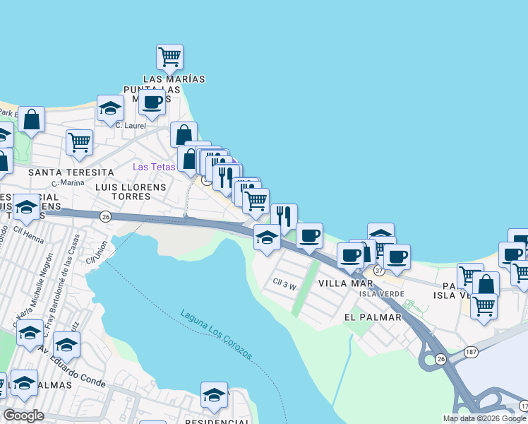 map of restaurants, bars, coffee shops, grocery stores, and more near Puerto Rico 37 in Carolina