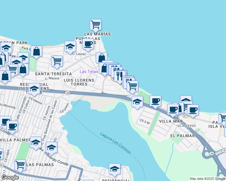 map of restaurants, bars, coffee shops, grocery stores, and more near 3060 Avenida Isla Verde in Carolina