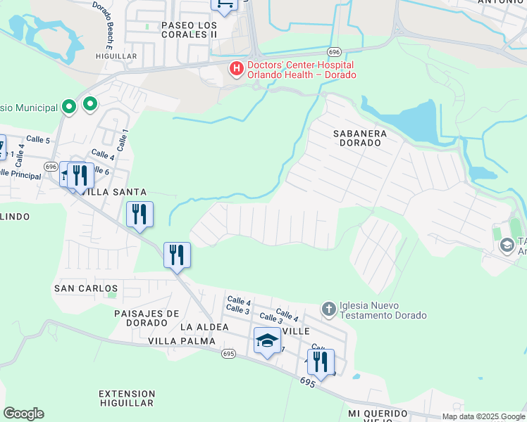 map of restaurants, bars, coffee shops, grocery stores, and more near Camino del Yunque in Dorado