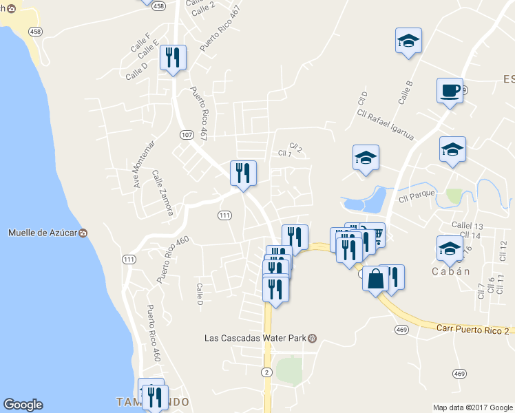 map of restaurants, bars, coffee shops, grocery stores, and more near 161 Puerto Rico 107 in Aguadilla
