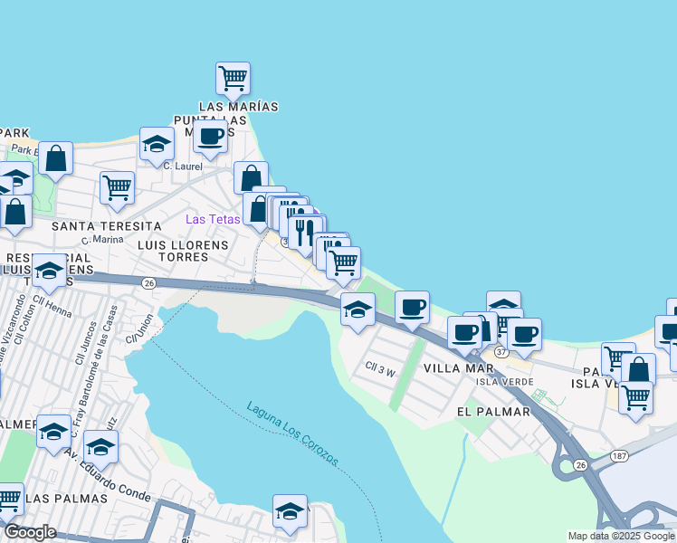 map of restaurants, bars, coffee shops, grocery stores, and more near 3819 Avenida Isla Verde in Carolina