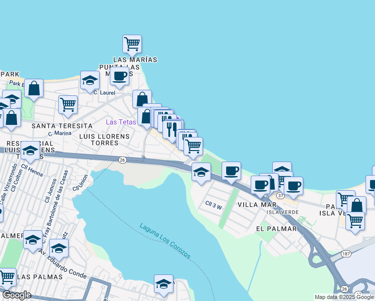 map of restaurants, bars, coffee shops, grocery stores, and more near 3819 Avenida Isla Verde in Carolina