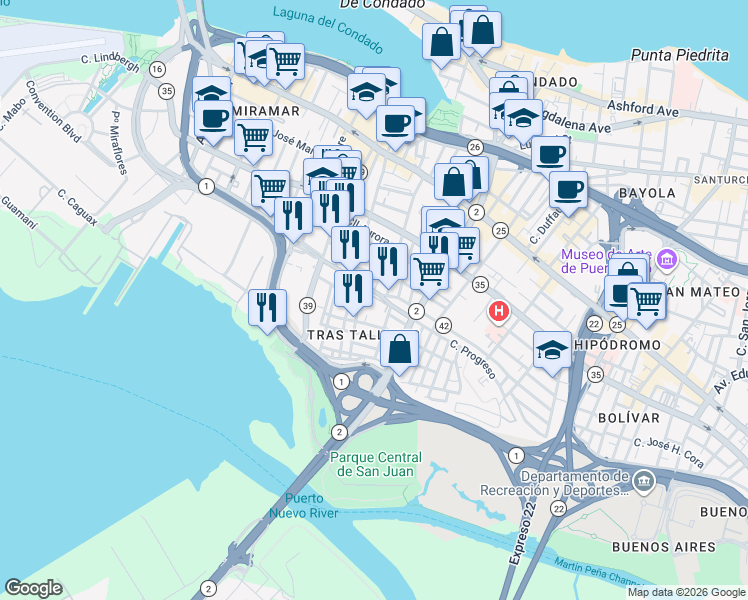 map of restaurants, bars, coffee shops, grocery stores, and more near in San Juan