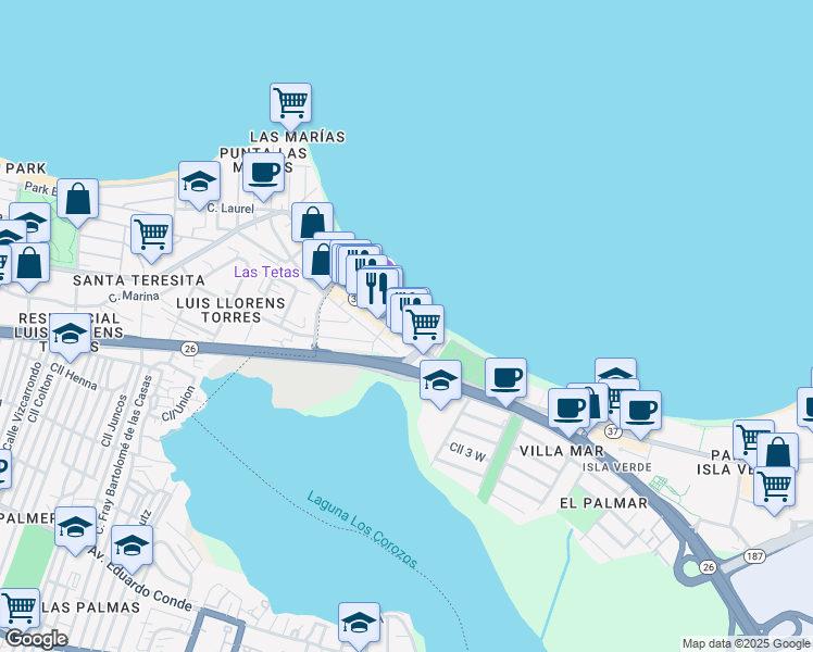 map of restaurants, bars, coffee shops, grocery stores, and more near 3819 Avenida Isla Verde in Carolina