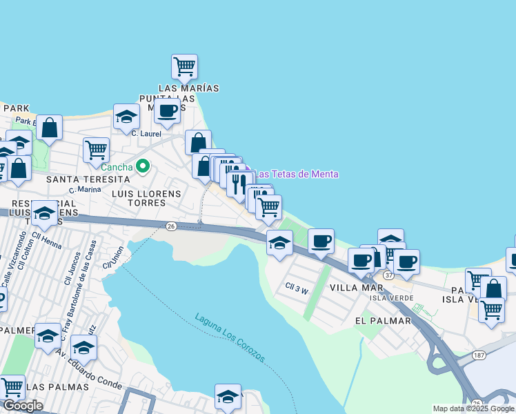map of restaurants, bars, coffee shops, grocery stores, and more near 3819 Avenida Isla Verde in Carolina