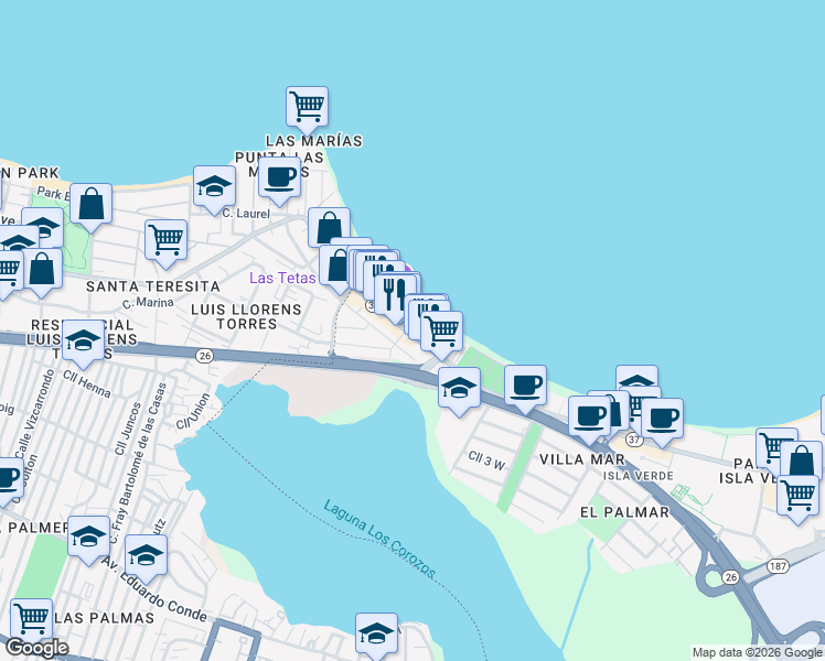 map of restaurants, bars, coffee shops, grocery stores, and more near 3819 Avenida Isla Verde in Carolina