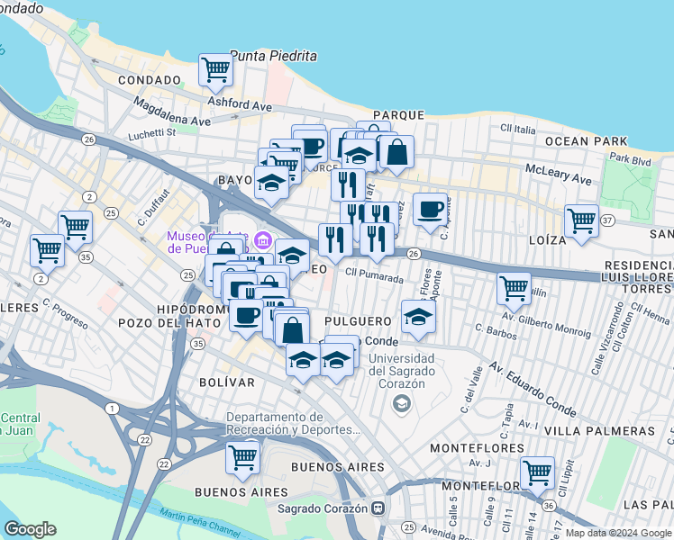 map of restaurants, bars, coffee shops, grocery stores, and more near in San Juan