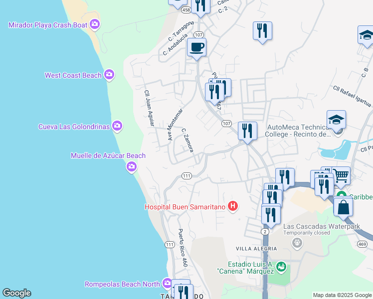 map of restaurants, bars, coffee shops, grocery stores, and more near 7 Calle Las Mercedes in Aguadilla Pueblo