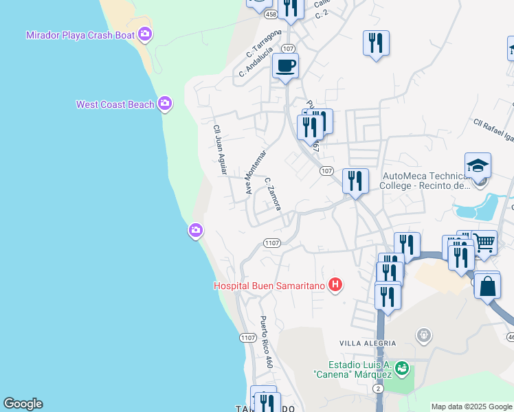 map of restaurants, bars, coffee shops, grocery stores, and more near 7 Calle Las Mercedes in Aguadilla Pueblo