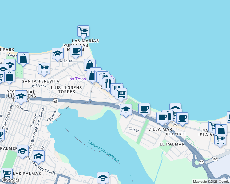 map of restaurants, bars, coffee shops, grocery stores, and more near 3819 Avenida Isla Verde in Carolina