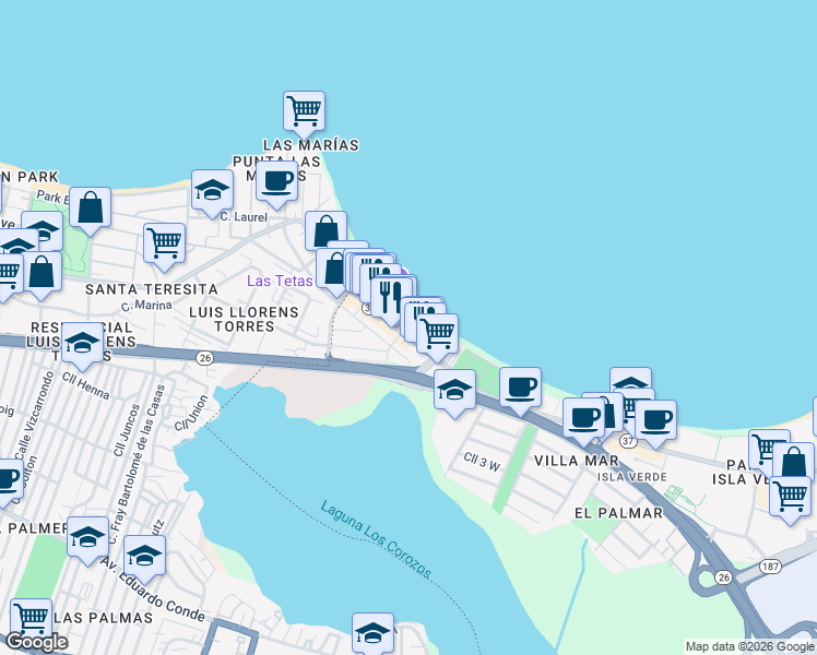 map of restaurants, bars, coffee shops, grocery stores, and more near 3819 Avenida Isla Verde in Carolina