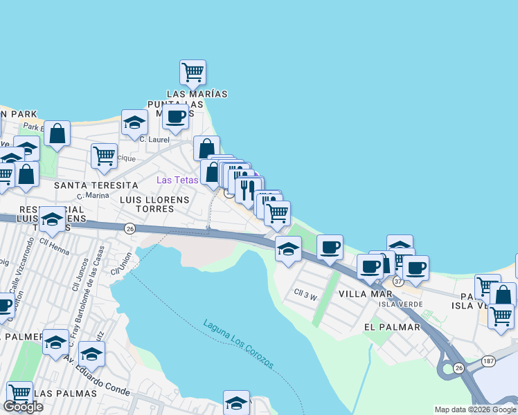 map of restaurants, bars, coffee shops, grocery stores, and more near Ave Isla Verde in Carolina