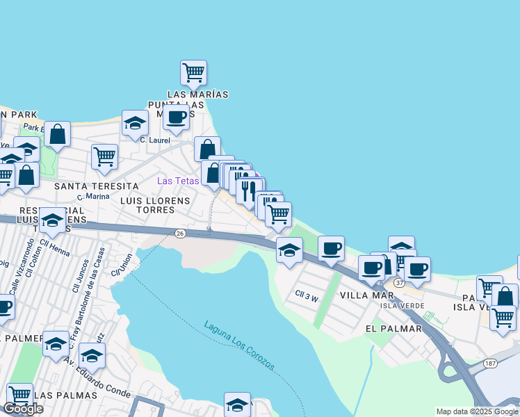 map of restaurants, bars, coffee shops, grocery stores, and more near Ave Isla Verde in Carolina