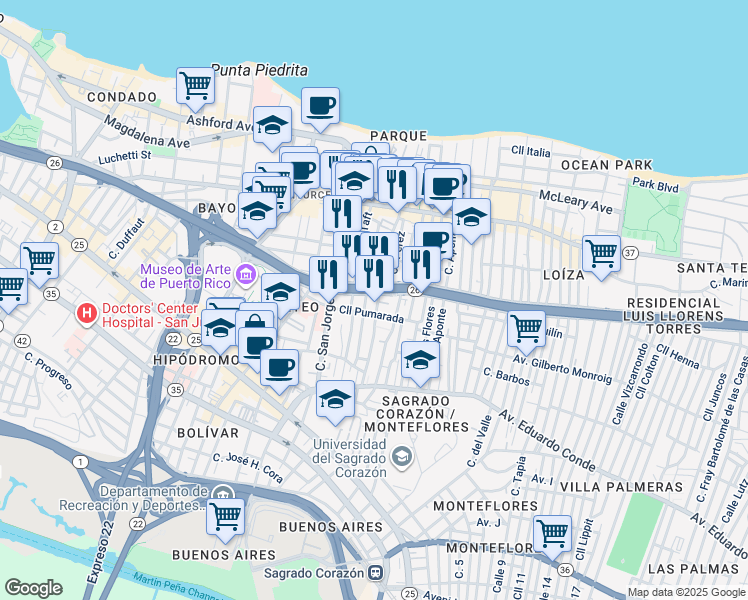 map of restaurants, bars, coffee shops, grocery stores, and more near in San Juan