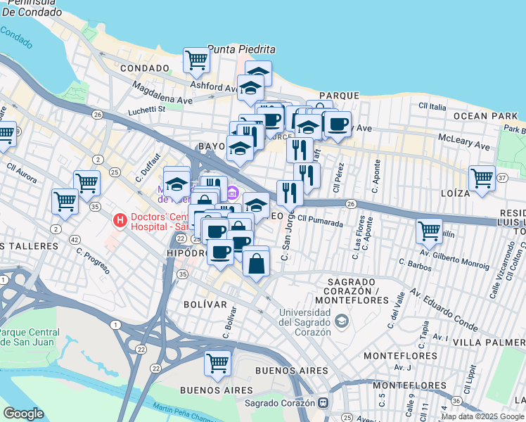 map of restaurants, bars, coffee shops, grocery stores, and more near in San Juan