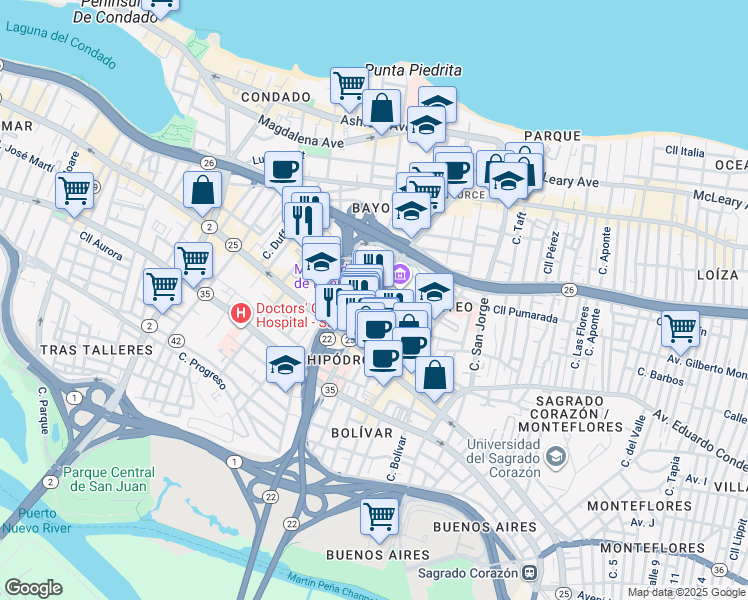 map of restaurants, bars, coffee shops, grocery stores, and more near Cll Rios Rey in San Juan