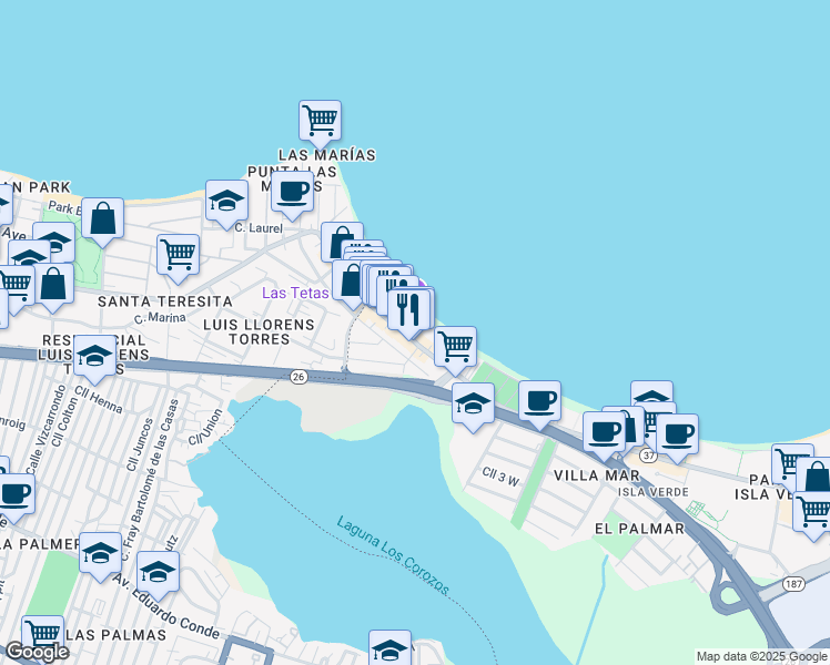 map of restaurants, bars, coffee shops, grocery stores, and more near 3205 Avenida Isla Verde in Carolina