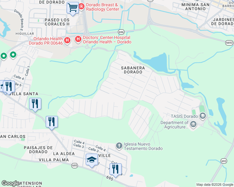 map of restaurants, bars, coffee shops, grocery stores, and more near 366 Camino de Las Pomarrosas in Dorado