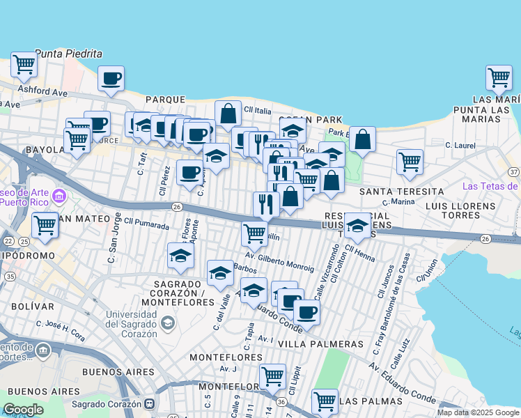map of restaurants, bars, coffee shops, grocery stores, and more near Calle Corona in San Juan