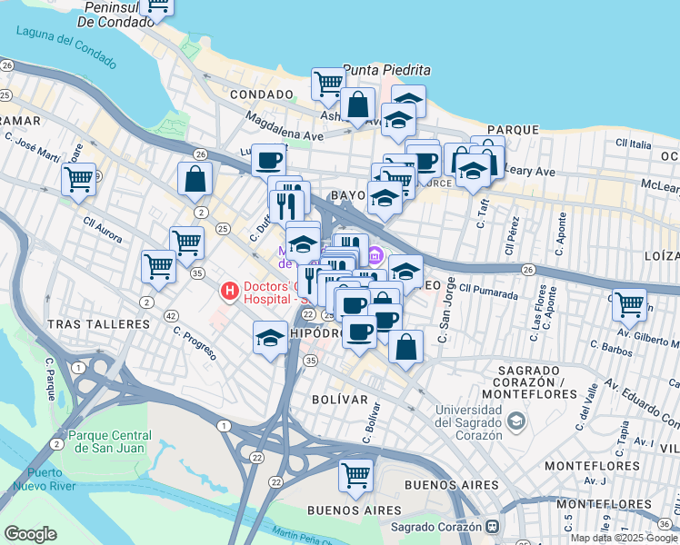 map of restaurants, bars, coffee shops, grocery stores, and more near Calle Rios Rey in San Juan
