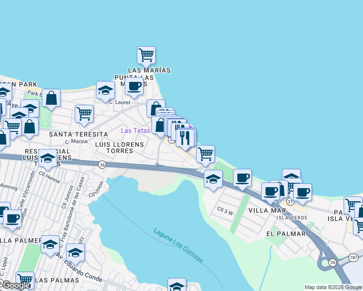 map of restaurants, bars, coffee shops, grocery stores, and more near 3205 Avenida Isla Verde in Carolina