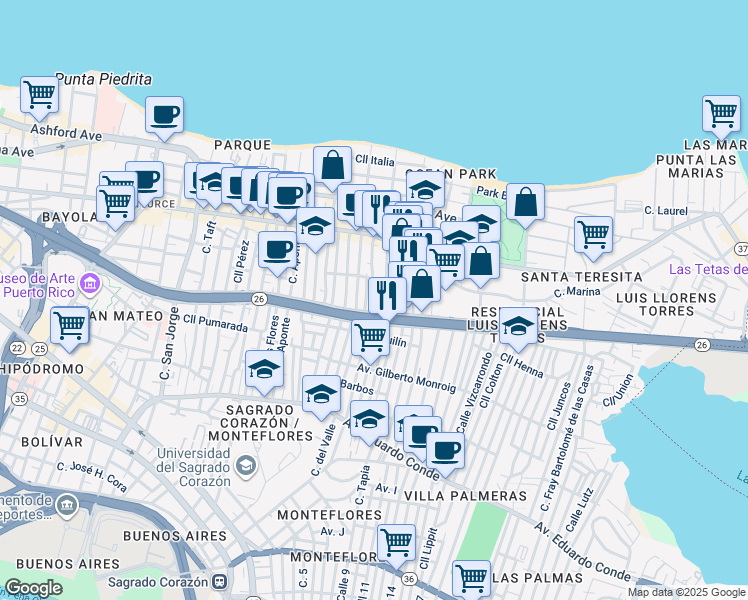 map of restaurants, bars, coffee shops, grocery stores, and more near Calle Corona in San Juan