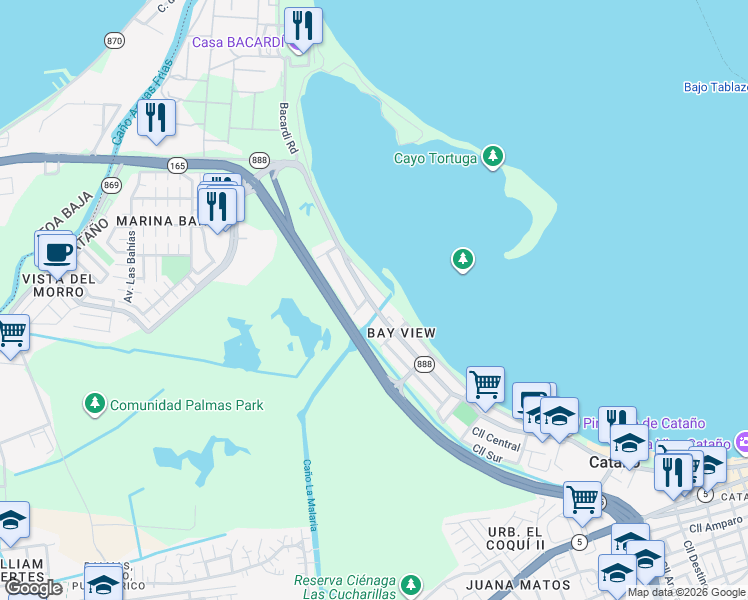 map of restaurants, bars, coffee shops, grocery stores, and more near PR-88 in Cataño