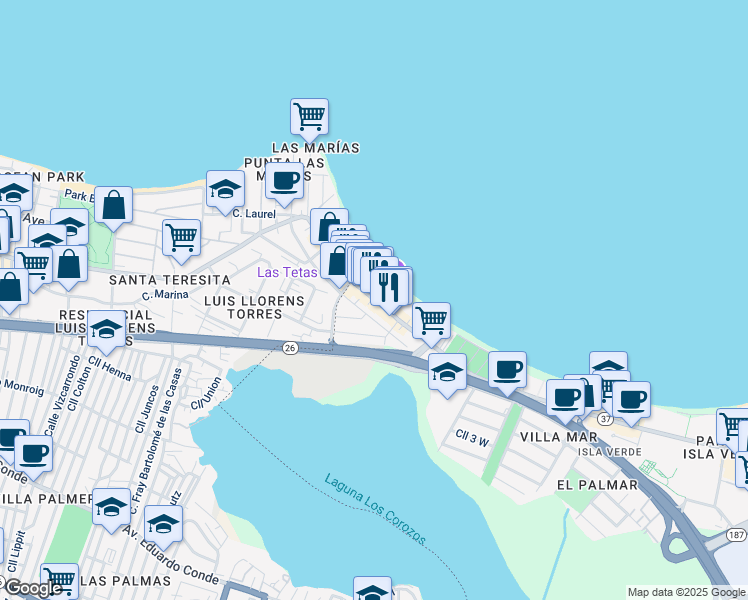 map of restaurants, bars, coffee shops, grocery stores, and more near 3205 Avenida Isla Verde in Carolina