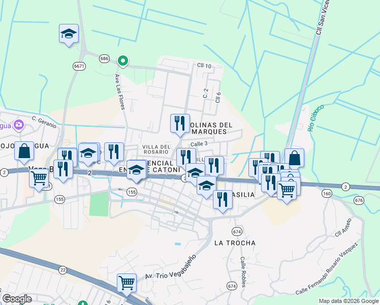 map of restaurants, bars, coffee shops, grocery stores, and more near 18-20 Calle 3 in Vega Baja