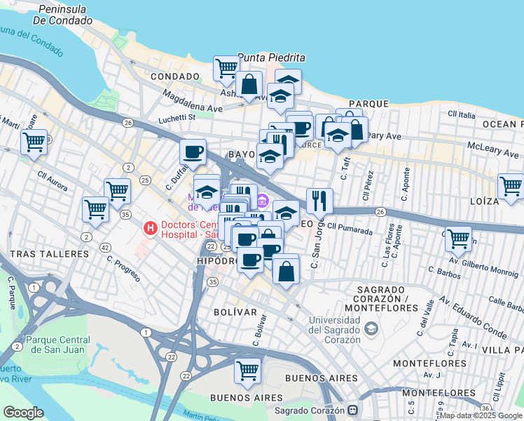 map of restaurants, bars, coffee shops, grocery stores, and more near 299 Avenida de Diego in San Juan