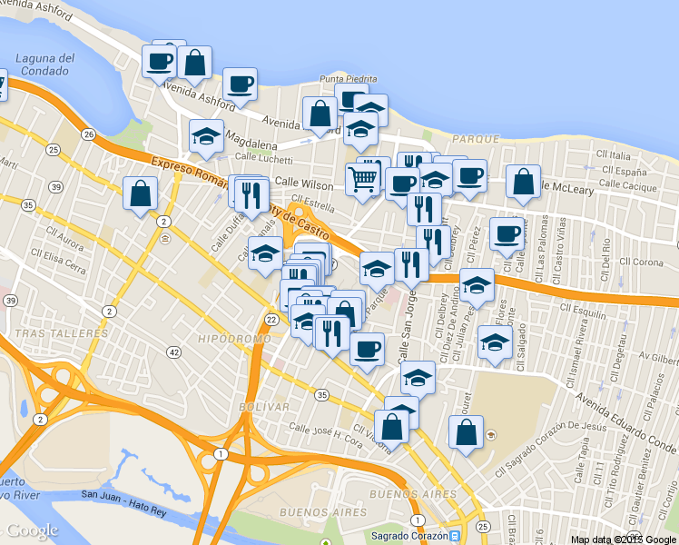 map of restaurants, bars, coffee shops, grocery stores, and more near 299 Avenida de Diego in San Juan