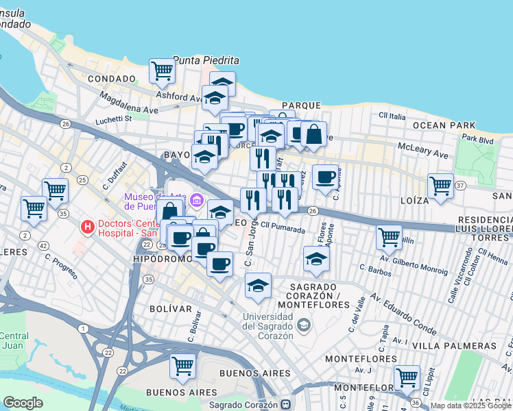 map of restaurants, bars, coffee shops, grocery stores, and more near 201 Calle San Jorge in San Juan