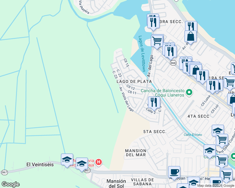 map of restaurants, bars, coffee shops, grocery stores, and more near J 90 Calle 11 in Toa Baja