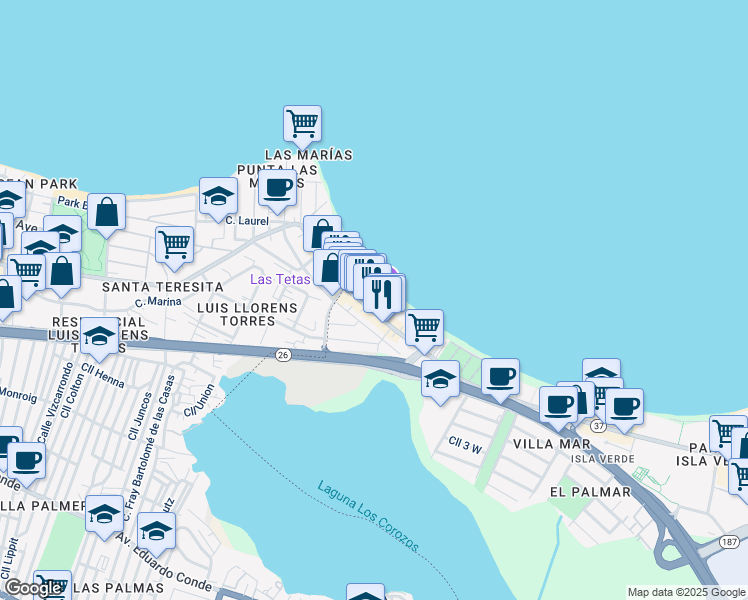 map of restaurants, bars, coffee shops, grocery stores, and more near 3205 Avenida Isla Verde in Carolina