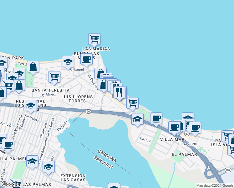 map of restaurants, bars, coffee shops, grocery stores, and more near 3205 Avenida Isla Verde in Carolina