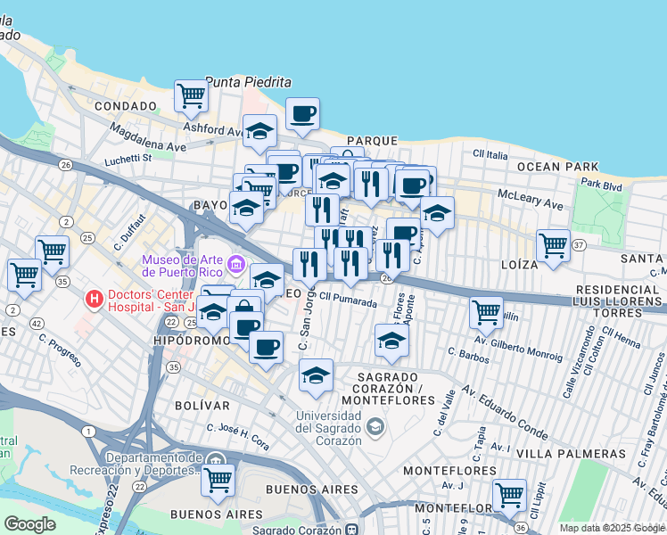 map of restaurants, bars, coffee shops, grocery stores, and more near in San Juan