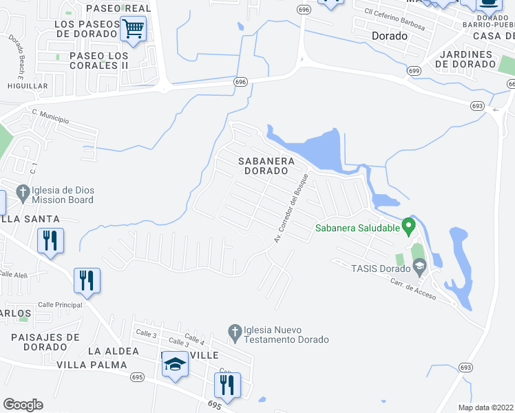 map of restaurants, bars, coffee shops, grocery stores, and more near Camino del Guayacán in Dorado