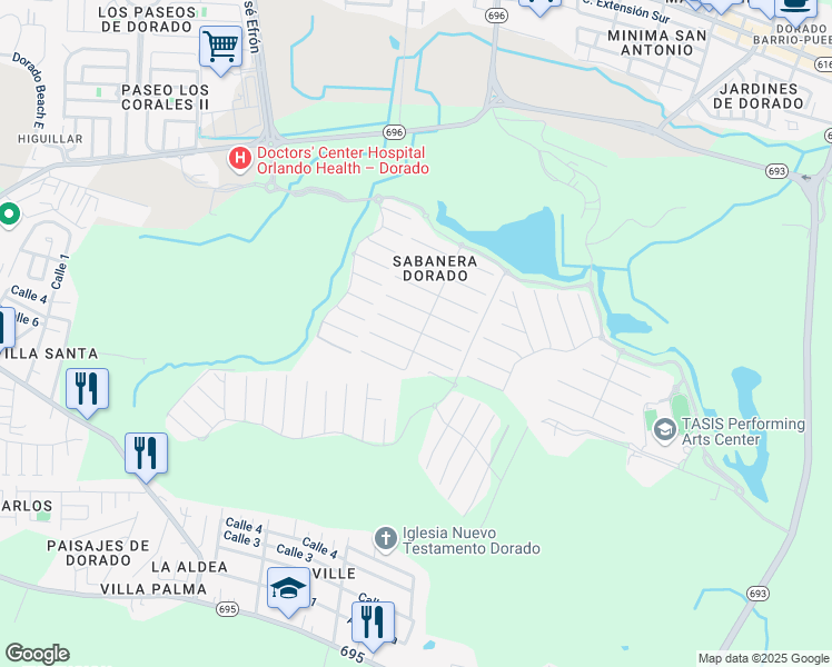 map of restaurants, bars, coffee shops, grocery stores, and more near Camino del Guayacán in Dorado