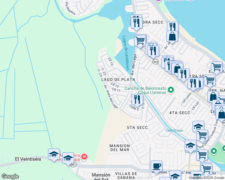 map of restaurants, bars, coffee shops, grocery stores, and more near J 90 Calle 11 in Toa Baja