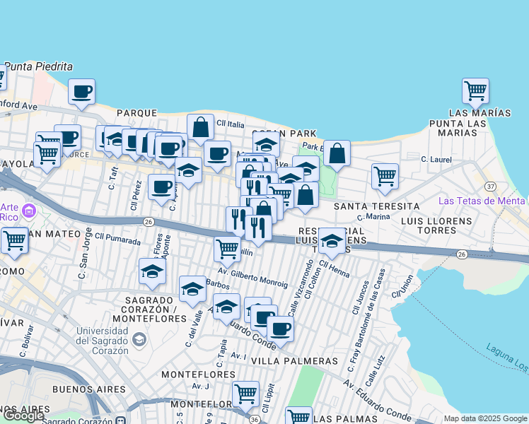 map of restaurants, bars, coffee shops, grocery stores, and more near in San Juan