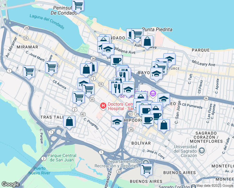 map of restaurants, bars, coffee shops, grocery stores, and more near 1404-1410 Calle Salvador Pratts in San Juan