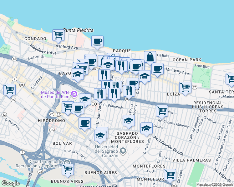 map of restaurants, bars, coffee shops, grocery stores, and more near 149-153 Cll Pérez in San Juan