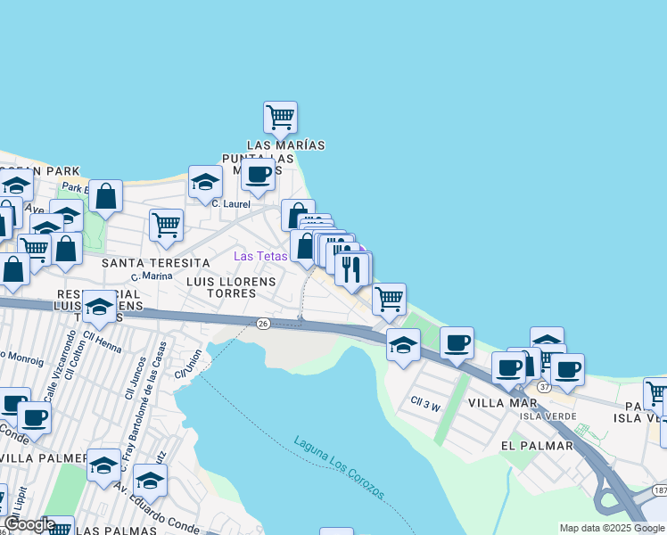 map of restaurants, bars, coffee shops, grocery stores, and more near 3001 Avenida Isla Verde in Carolina