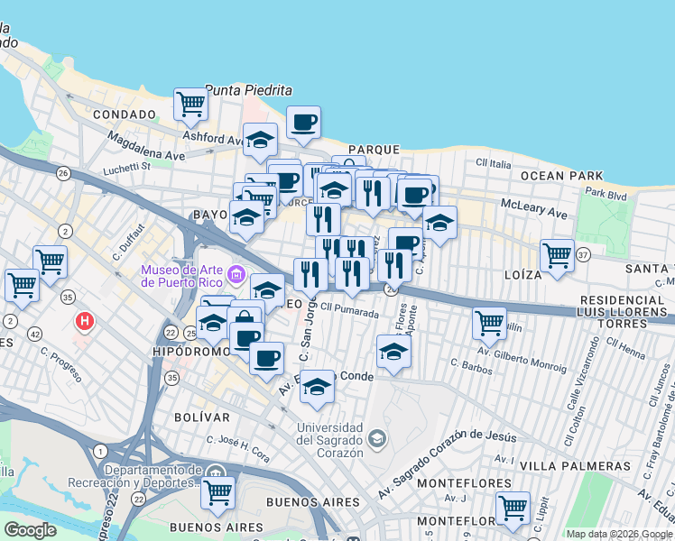 map of restaurants, bars, coffee shops, grocery stores, and more near in San Juan