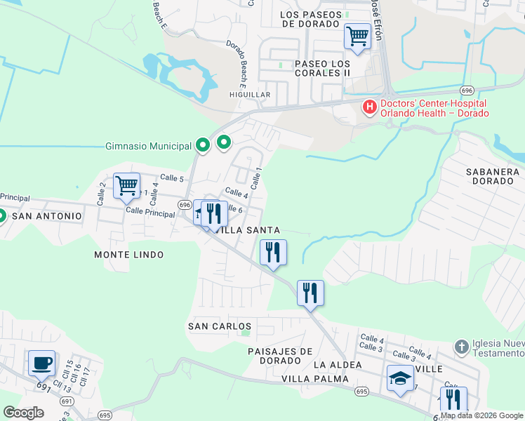 map of restaurants, bars, coffee shops, grocery stores, and more near Calle 3 in Dorado
