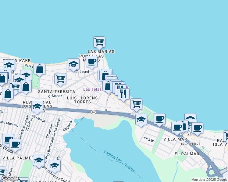 map of restaurants, bars, coffee shops, grocery stores, and more near 32 Calle Venus in Carolina